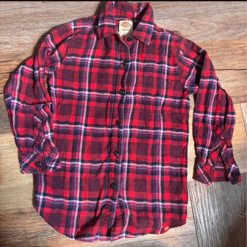 Dickies Kids Red Plaid Flannel Button Down Shirt Long Sleeve Size Size 7/8